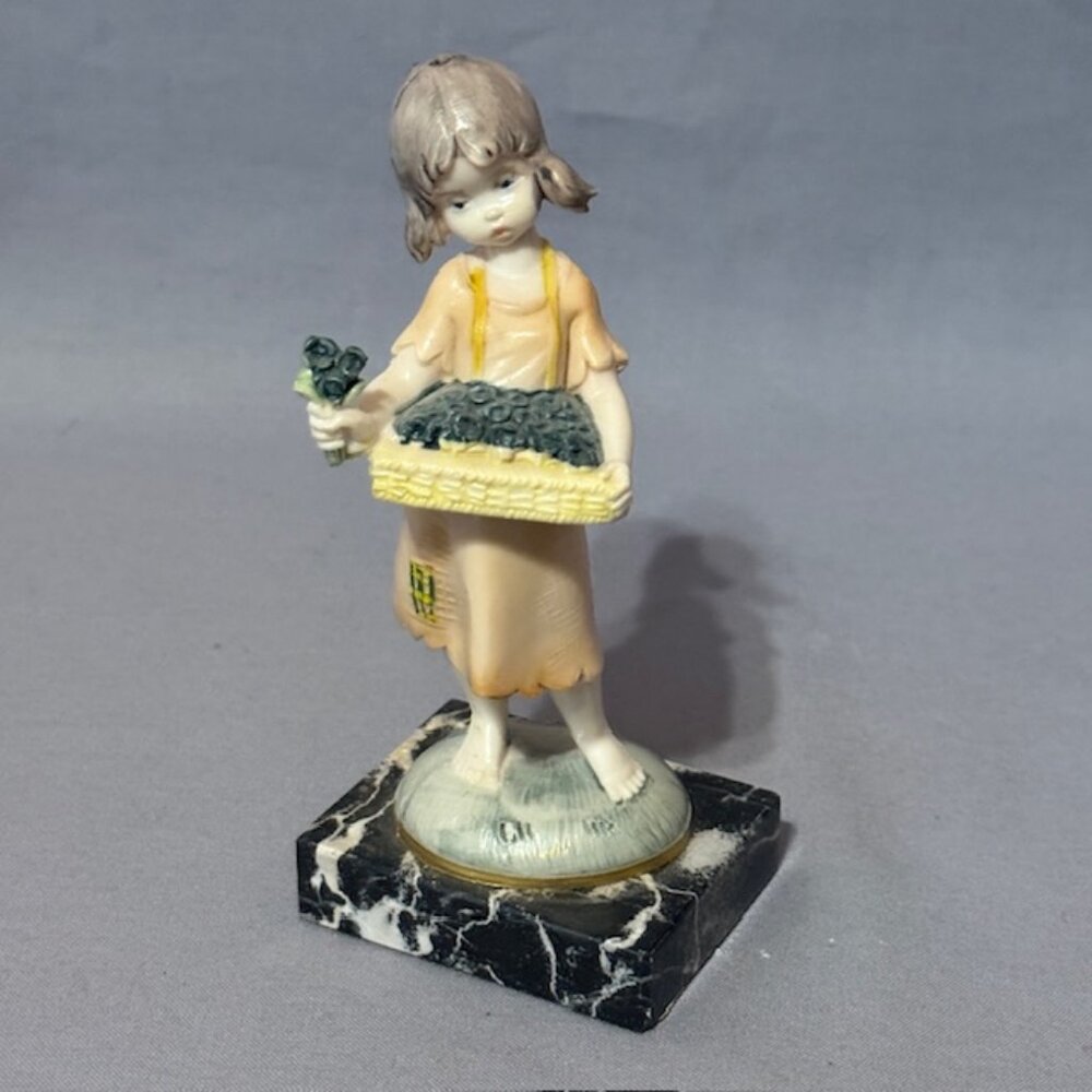 Roman Fontanini Figurine Italy Depose Simonetti Girl Marble Base Flower Basket